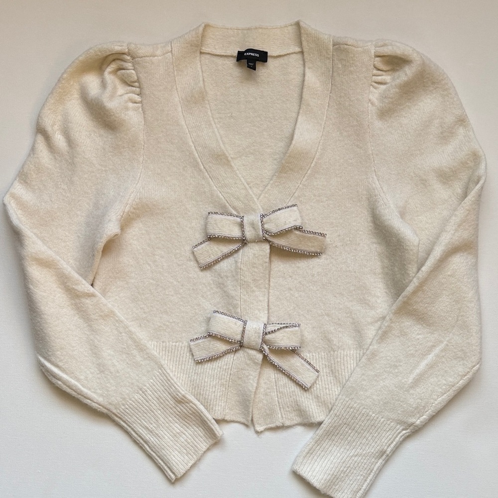 Express cream cardigan with diamanté edged bow detail women’s small
